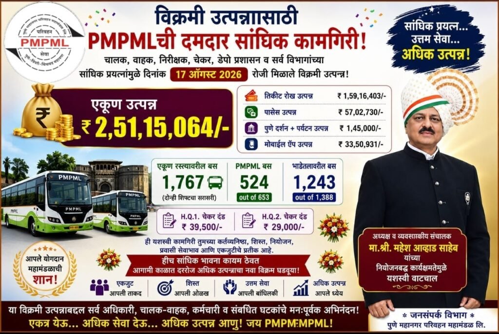 पीएमपीएमएलच्या उत्पन्नात विक्रमी वाढ; २.५१ कोटींचा टप्पा पार